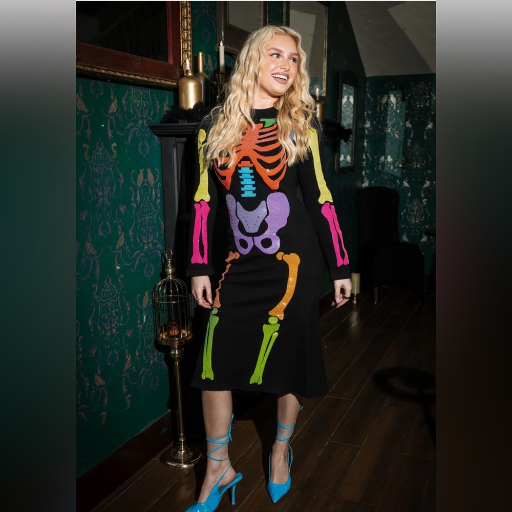 NWOT Black Multi Sequin Skeleton Knit Midi Dress